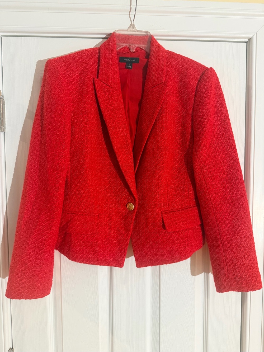 Ladies Size 12 "Ann Taylor" Red Tweed Single-Button Blazer GUC